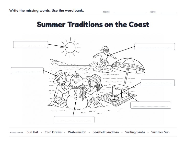 Summer Traditions on the Coast worksheet (Hard, Grades 3–4)