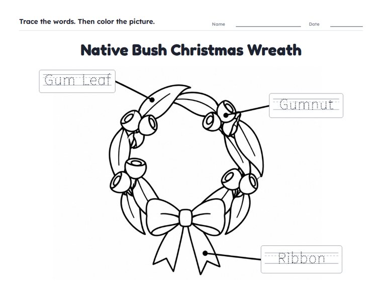 Native Bush Christmas Wreath worksheet (Easy, Pre-K–K)