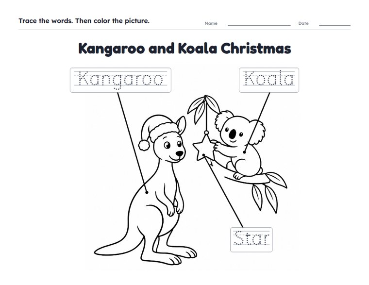 Kangaroo and Koala Christmas worksheet (Easy, Pre-K–K)
