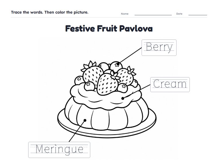 Festive Fruit Pavlova worksheet (Easy, Pre-K–K)