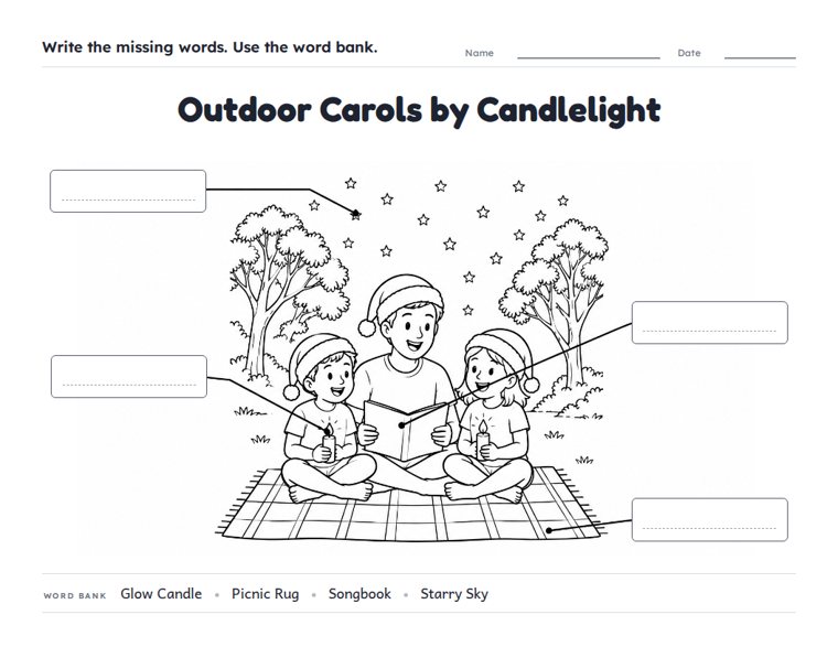 Outdoor Carols by Candlelight worksheet (Medium, Grades 1–2)