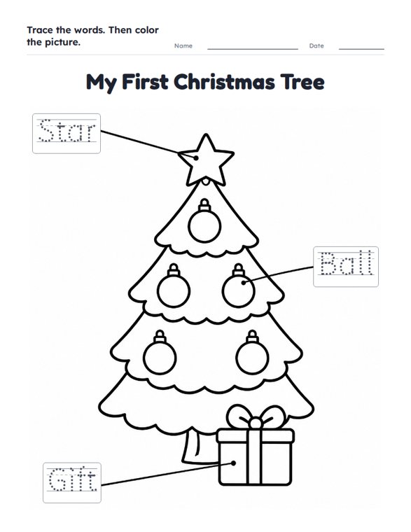 My First Christmas Tree worksheet (Easy, Pre-K–K)