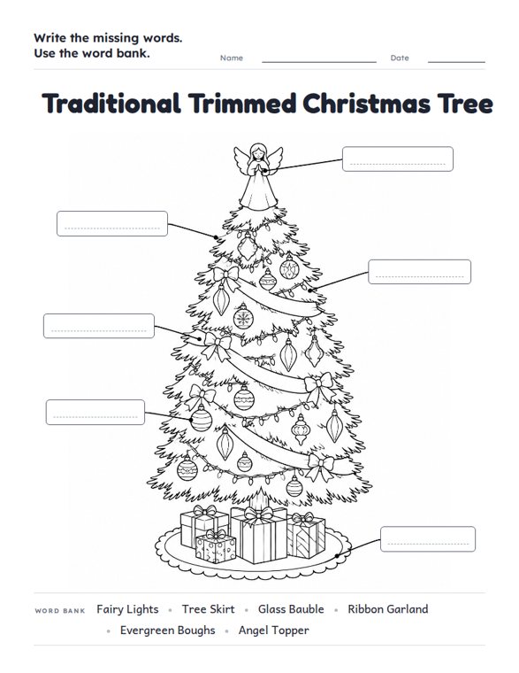 Traditional Trimmed Christmas Tree worksheet (Hard, Grades 3–4)