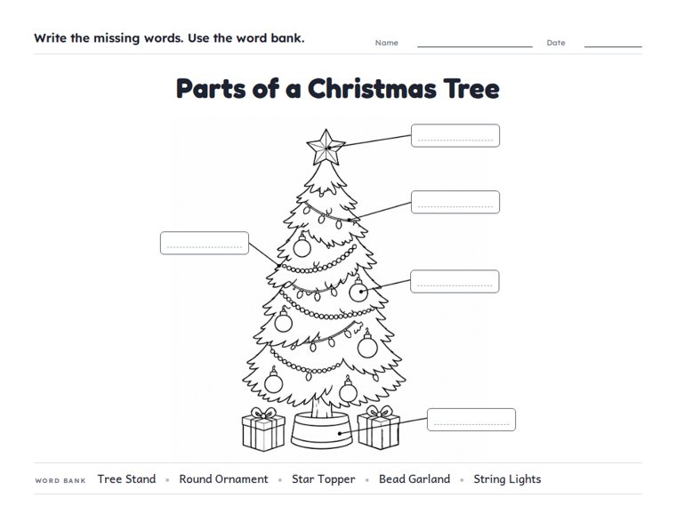 Parts of a Christmas Tree worksheet (Medium, Grades 1–2)