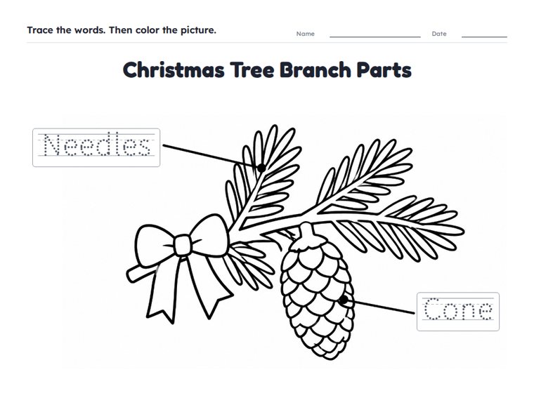 Christmas Tree Branch Parts worksheet (Easy, Pre-K–K)
