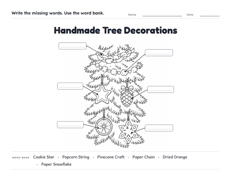 Handmade Tree Decorations worksheet (Hard, Grades 3–4)