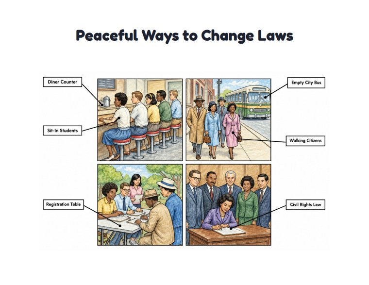 Peaceful Ways to Change Laws worksheet (Hard, Grades 3–4)