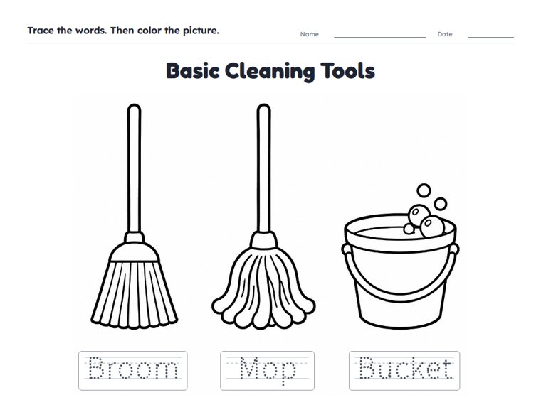 Basic Cleaning Tools worksheet (Easy, Pre-K–K)