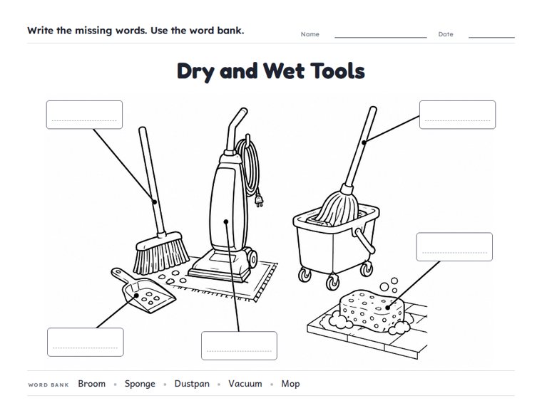 Dry and Wet Tools worksheet (Medium, Grades 1–2)