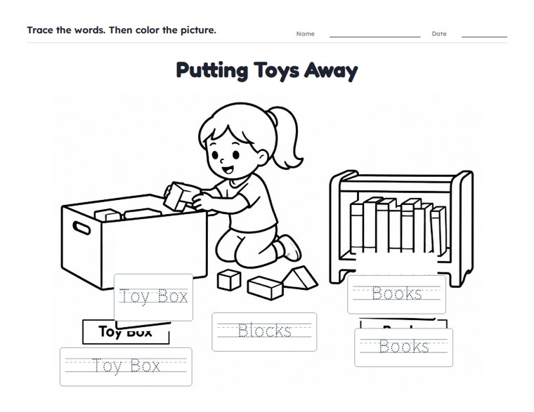 Putting Toys Away worksheet (Easy, Pre-K–K)