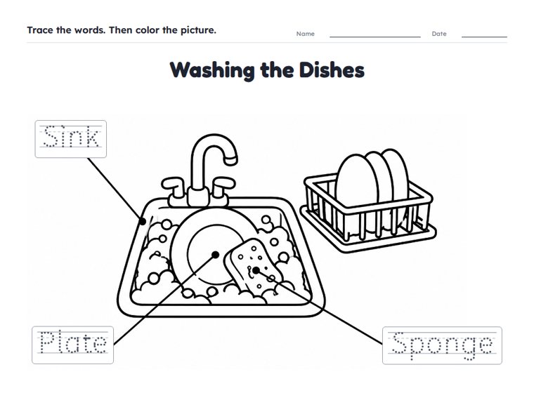 Washing the Dishes worksheet (Easy, Pre-K–K)