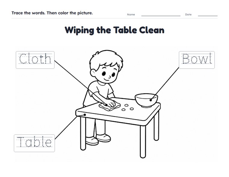 Wiping the Table Clean worksheet (Easy, Pre-K–K)