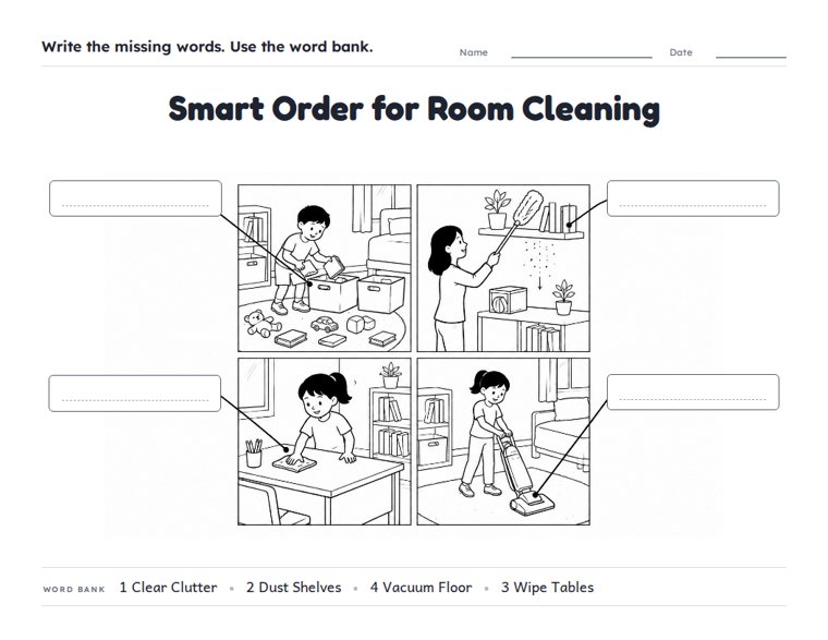 Smart Order for Room Cleaning worksheet (Hard, Grades 3–4)