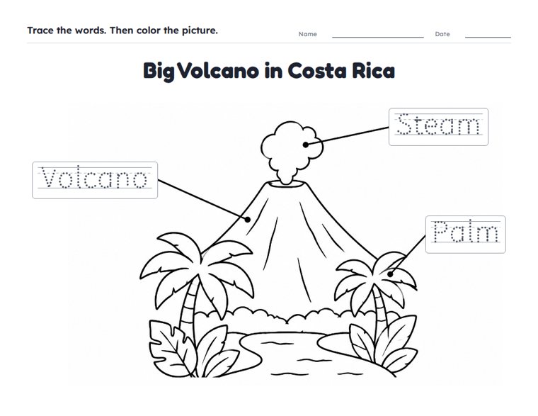 Big Volcano in Costa Rica worksheet (Easy, Pre-K–K)