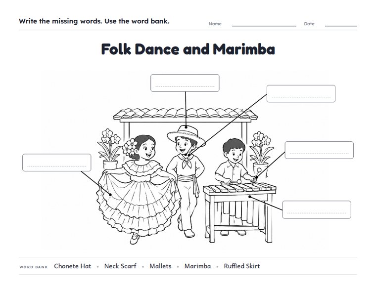 Folk Dance and Marimba worksheet (Medium, Grades 1–2)