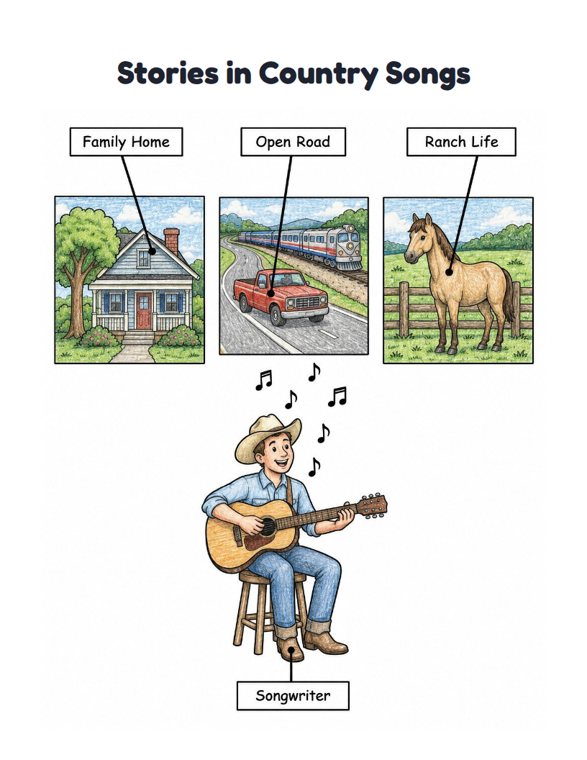 Stories in Country Songs worksheet (Medium, Grades 1–2)