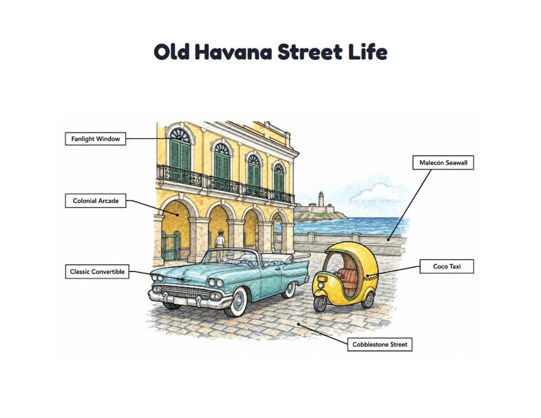 Old Havana Street Life worksheet (Hard, Grades 3–4)
