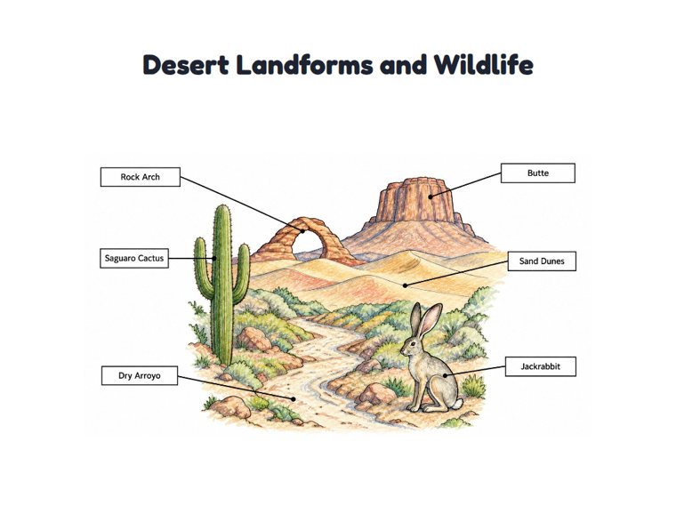 Desert Landforms and Wildlife worksheet (Hard, Grades 3–4)