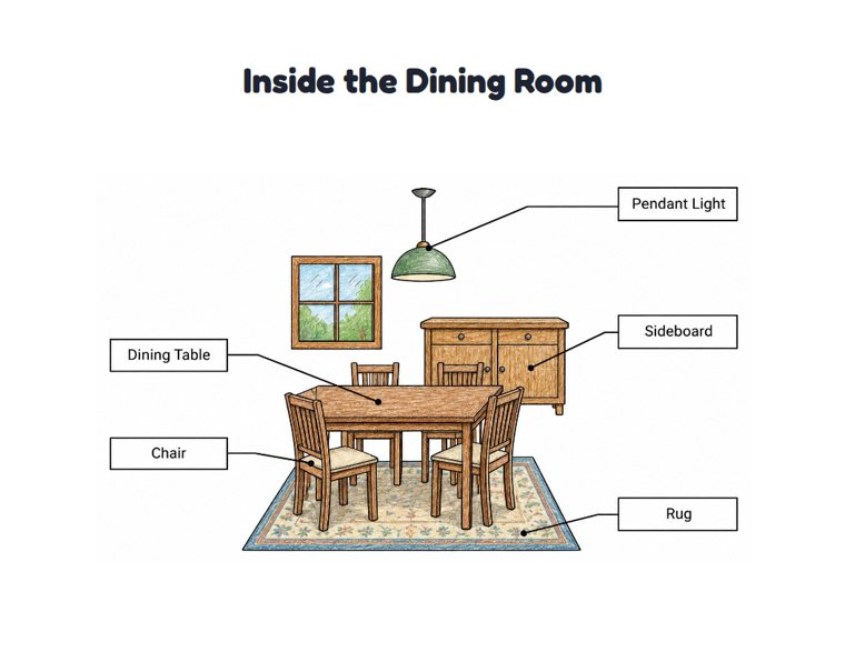 Inside the Dining Room worksheet (Medium, Grades 1–2)