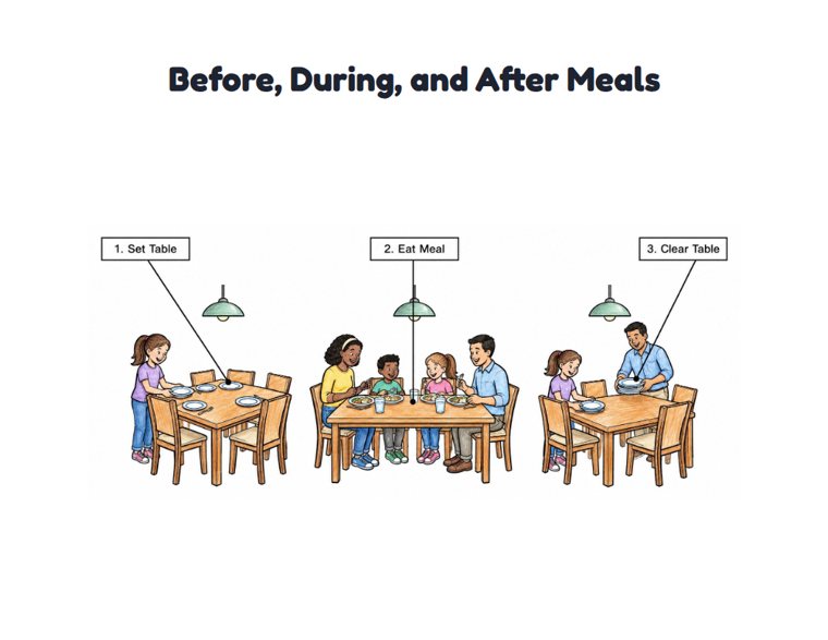 Before, During, and After Meals worksheet (Medium, Grades 1–2)