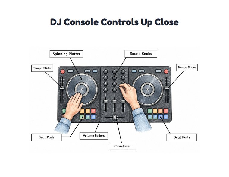 DJ Console Controls Up Close worksheet (Hard, Grades 3–4)