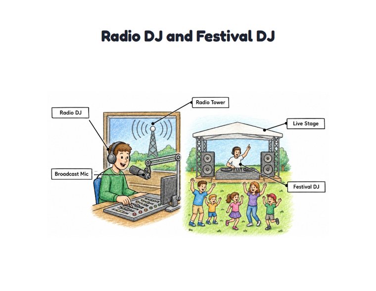 Radio DJ and Festival DJ worksheet (Medium, Grades 1–2)