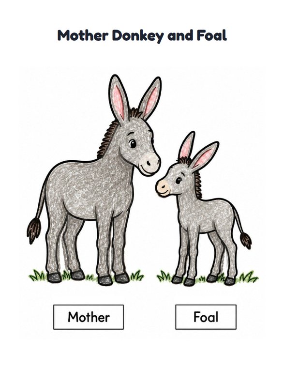 Mother Donkey and Foal worksheet (Easy, Pre-K–K)