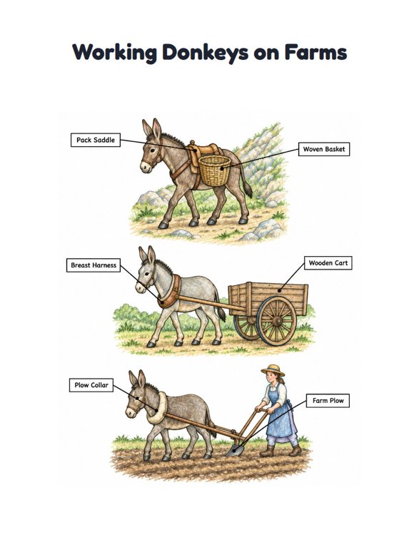 Working Donkeys on Farms worksheet (Hard, Grades 3–4)