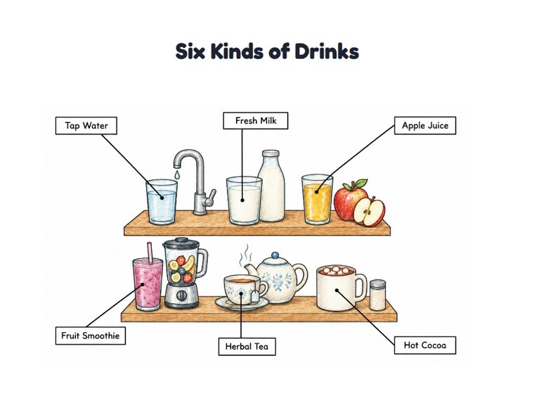 Six Kinds of Drinks worksheet (Hard, Grades 3–4)