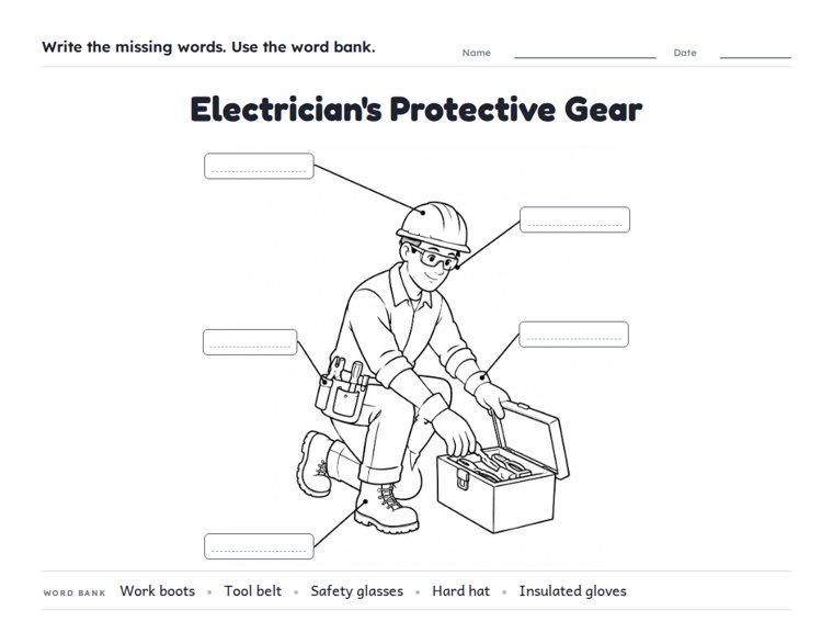 Electrician's Protective Gear worksheet (Medium, Grades 1–2)