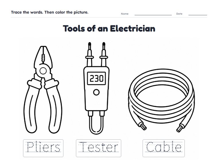 Tools of an Electrician worksheet (Easy, Pre-K–K)