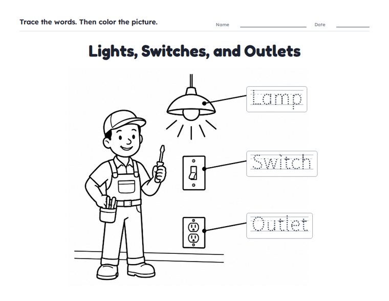 Lights, Switches, and Outlets worksheet (Easy, Pre-K–K)