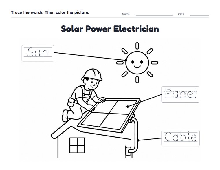 Solar Power Electrician worksheet (Easy, Pre-K–K)