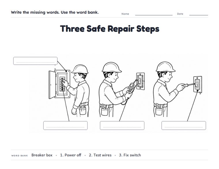 Three Safe Repair Steps worksheet (Medium, Grades 1–2)