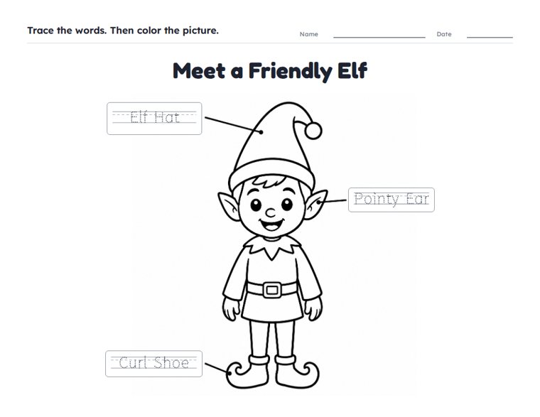 Meet a Friendly Elf worksheet (Easy, Pre-K–K)