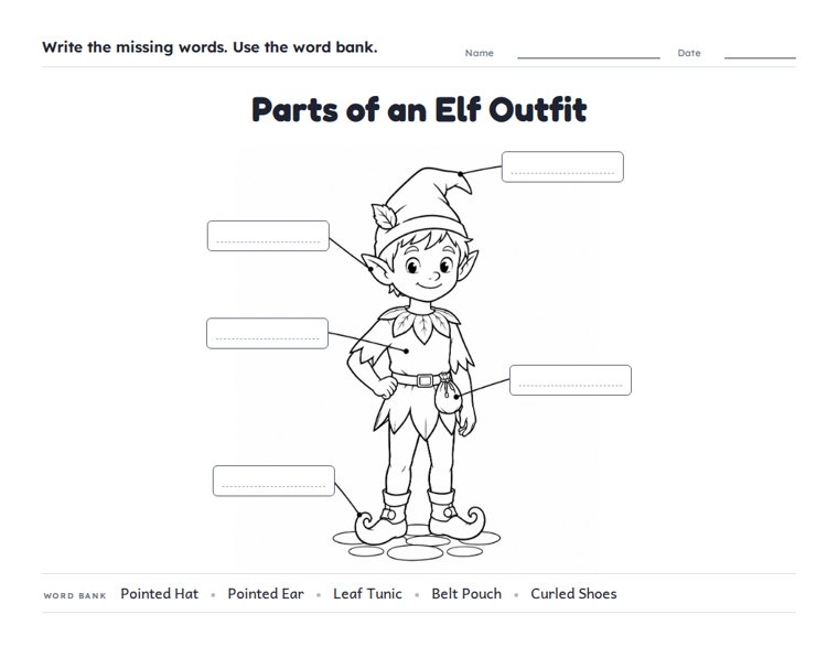 Parts of an Elf Outfit worksheet (Medium, Grades 1–2)