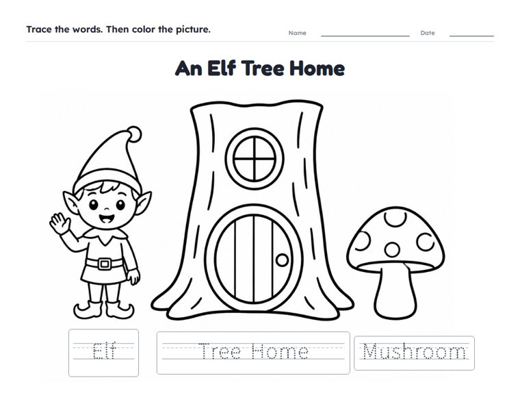 An Elf Tree Home worksheet (Easy, Pre-K–K)