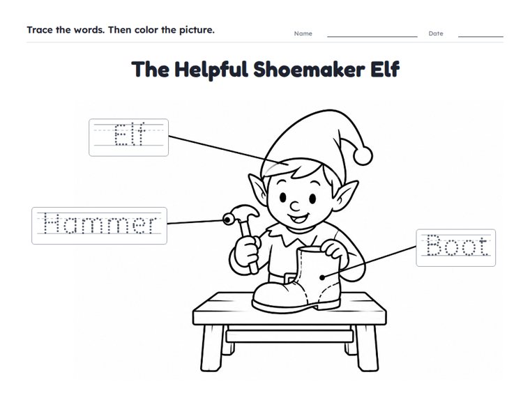 The Helpful Shoemaker Elf worksheet (Easy, Pre-K–K)