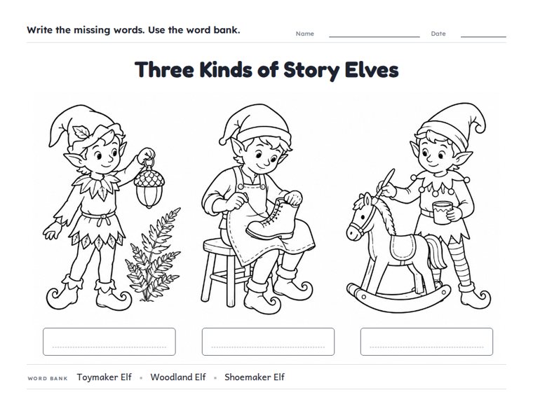 Three Kinds of Story Elves worksheet (Medium, Grades 1–2)