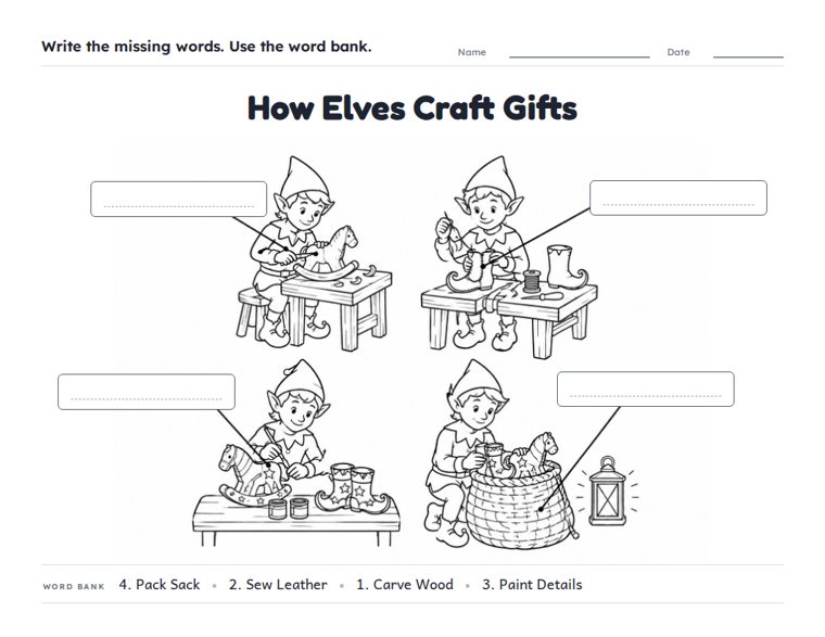 How Elves Craft Gifts worksheet (Hard, Grades 3–4)