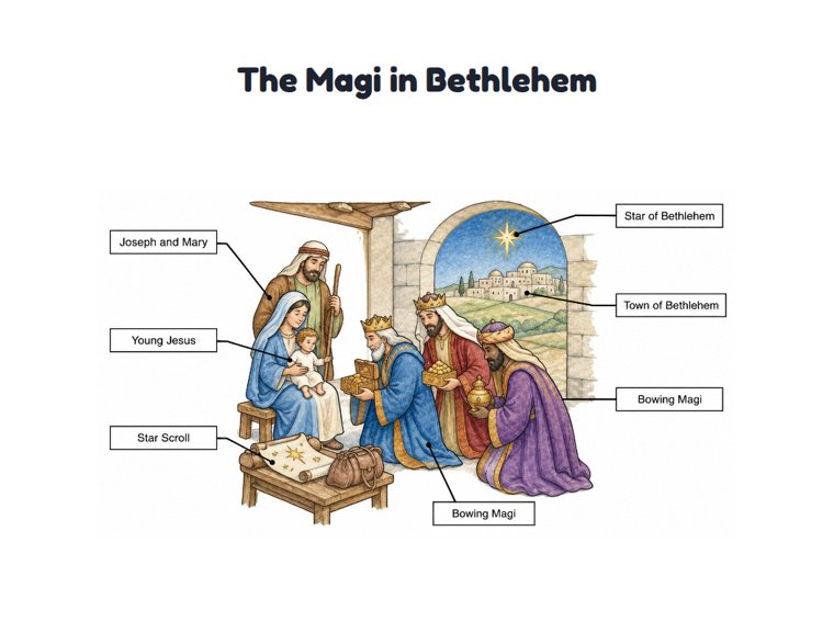 The Magi in Bethlehem worksheet (Hard, Grades 3–4)