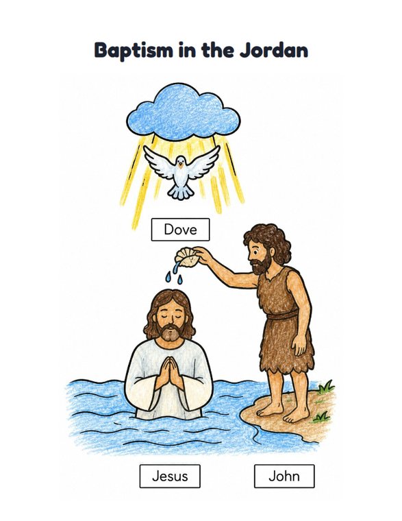 Baptism in the Jordan worksheet (Easy, Pre-K–K)