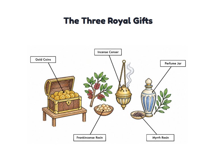 The Three Royal Gifts worksheet (Medium, Grades 1–2)