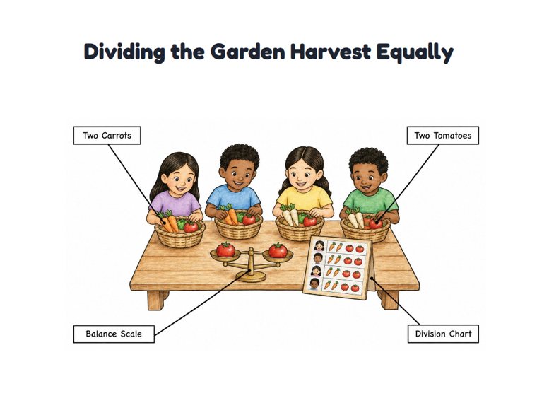 Dividing the Garden Harvest Equally worksheet (Hard, Grades 3–4)