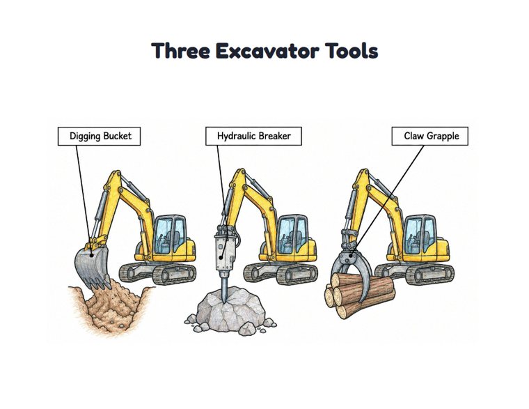 Three Excavator Tools worksheet (Medium, Grades 1–2)