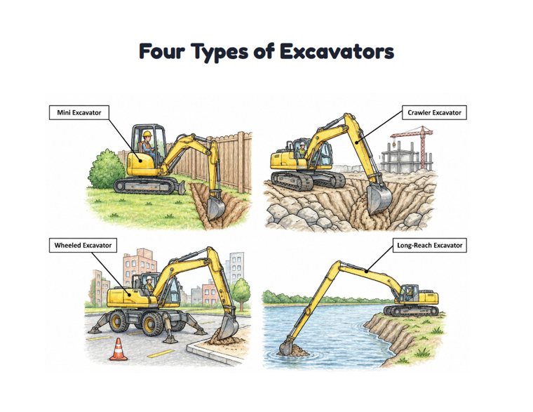 Four Types of Excavators worksheet (Hard, Grades 3–4)
