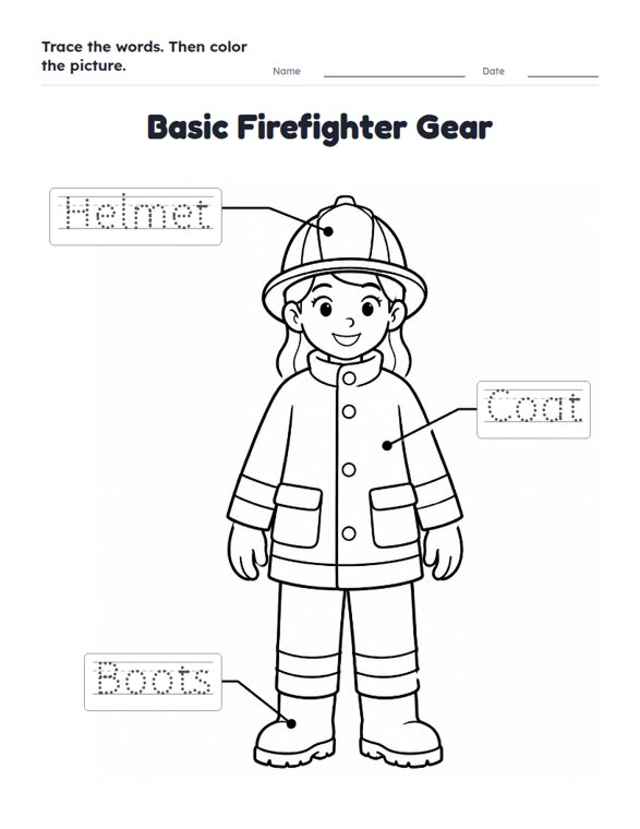 Basic Firefighter Gear worksheet (Easy, Pre-K–K)