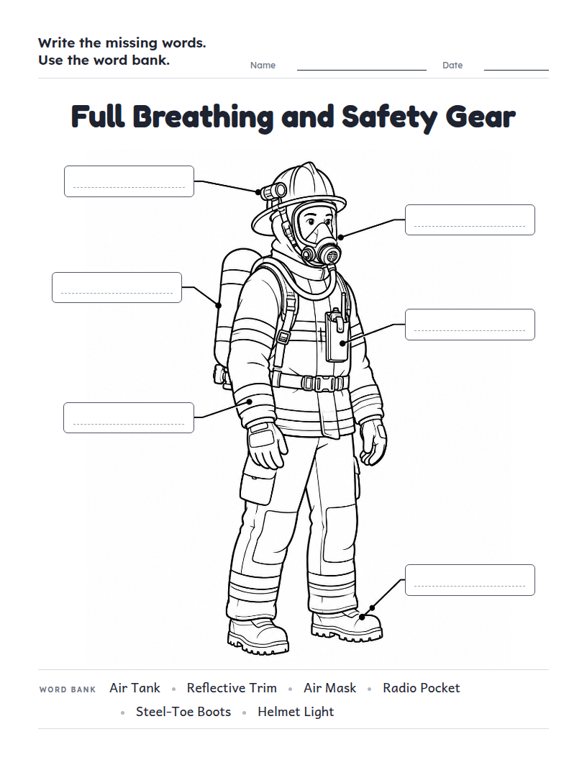 Full Breathing and Safety Gear worksheet (Hard, Grades 3–4)