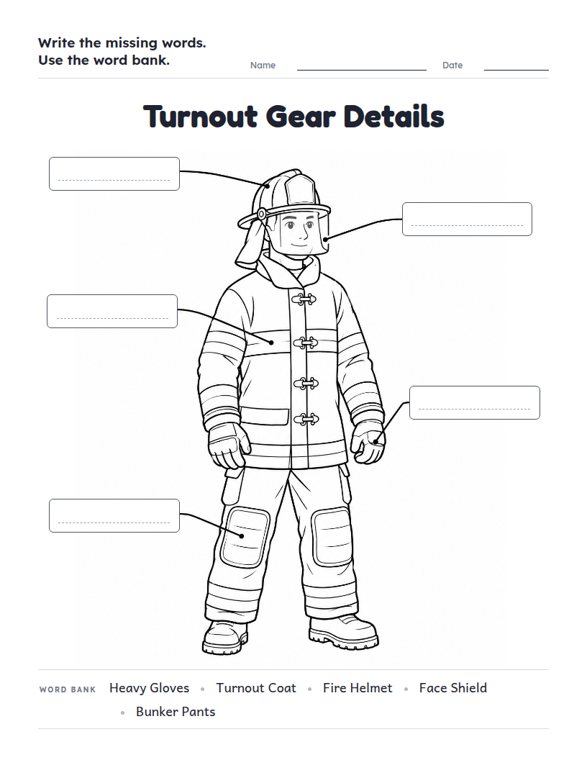 Turnout Gear Details worksheet (Medium, Grades 1–2)