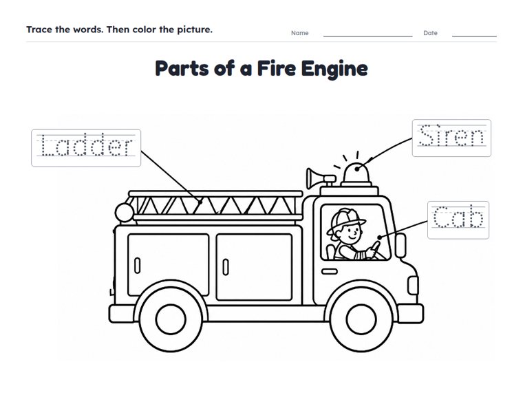 Parts of a Fire Engine worksheet (Easy, Pre-K–K)
